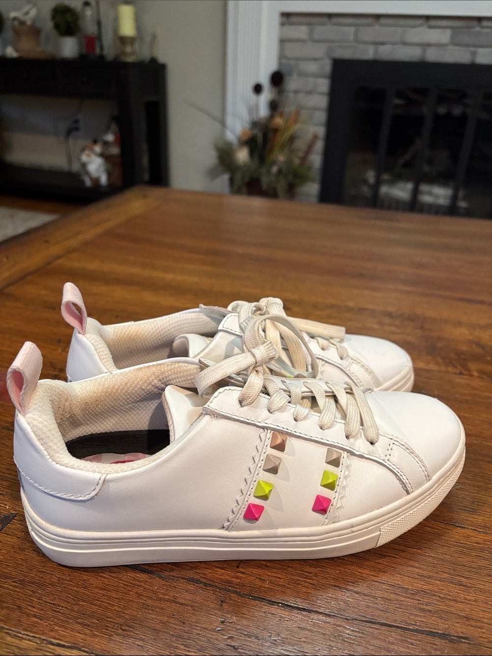 G/FORE White Kids Golf Sneakers with Pink & Neon Yellow Studs
